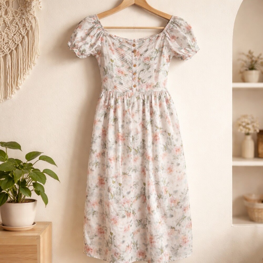 Rosie Posie Dress Womens S Ivory Floral Midi Fit & Flare Cottagecore Lined - Picture 2 of 3